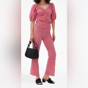 Ganni Vibrant Pink Check gingham Flare Pants with size Zipper